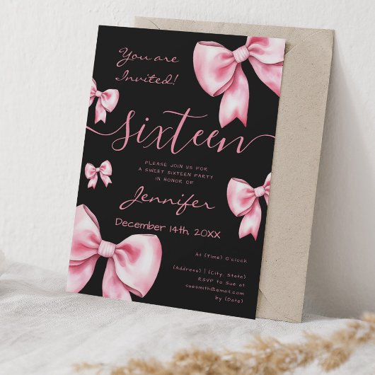 Coquette Blush Pink Bow Sweet 16 Party Zwart Kaart