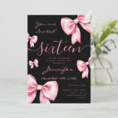 Coquette Blush Pink Bow Sweet 16 Party Zwart Kaart (Staand voorkant)