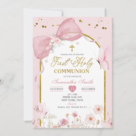 Coquette Blush Pink Butterfly First Holy Communion Kaart (Voorkant)