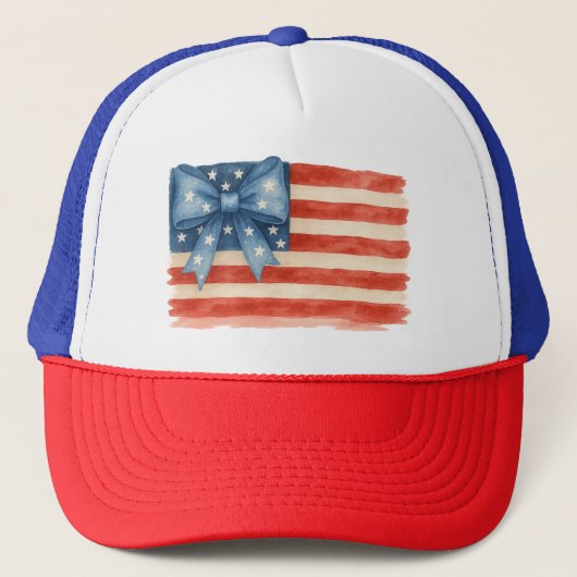 Coquette Bow American Flag Waterverf 4 juli Trucker Pet (Voorkant)
