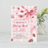 Coquette Bow Berry eerste aardbeien 1e verjaardag Kaart (Staand voorkant)