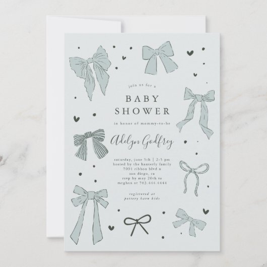 Coquette Bow Blue Baby shower Uitnodiging (Voorkant)