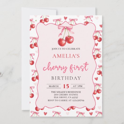 Coquette Bow Cherry 1er Anniversaire Invitation (Devant)
