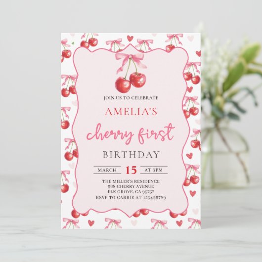 Coquette Bow Cherry 1er Anniversaire Invitation (Debout devant)