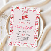 Coquette Bow Cherry 1er Anniversaire Invitation
