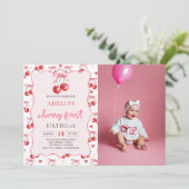 Coquette Bow Cherry Eerste Verjaardag Foto Kaart (Staand voorkant)