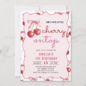 Coquette Bow Cherry op Top 1st Birthday Invitation Kaart (Voorkant)