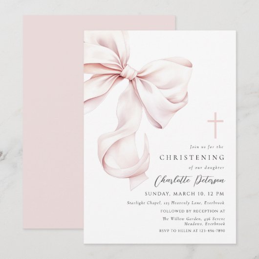 Coquette Bow Christening Invitation (Devant / Derrière)