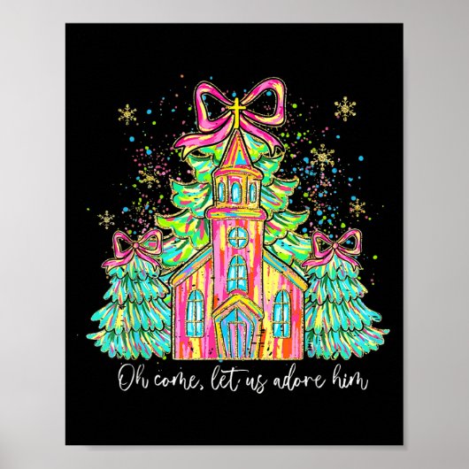 Coquette Bow Christmas Tree Jesus Oh Come Let Us A Poster (Voorkant)
