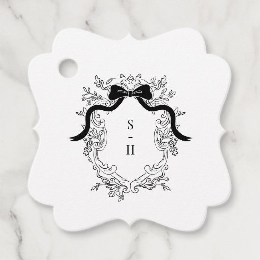 Coquette Bow Crest Monogram Franse bruiloft Bedankjes Labels (Voorkant)