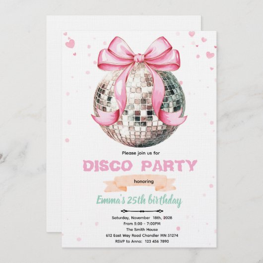 Coquette Bow Disco Party Invitation (Devant / Derrière)