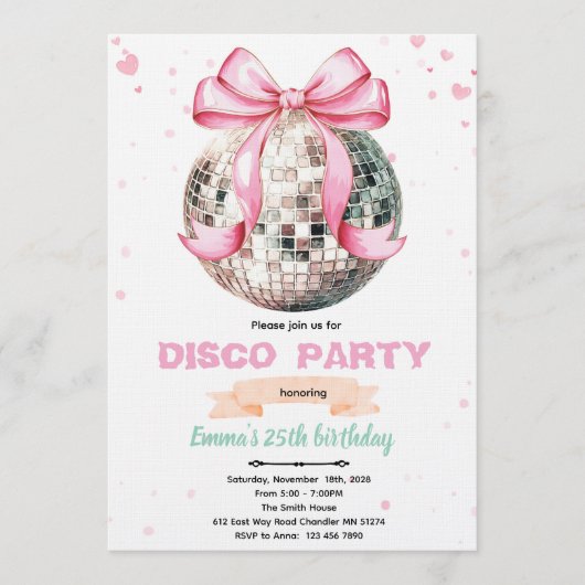 Coquette Bow Disco Party Invitation Kaart (Voorkant)
