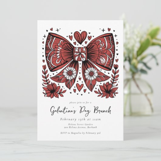 Coquette Bow Galentine's Day Brunch Kaart (Staand voorkant)