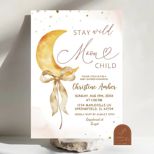 Coquette Bow Moon Boho Baby shower Invitation