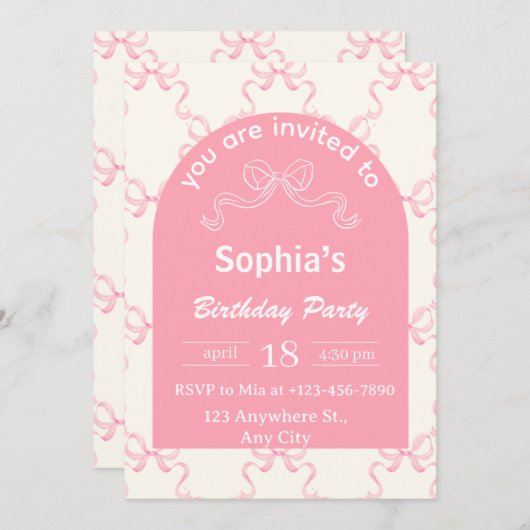 Coquette Bow Rose Cute Invitation Anniversaire (Devant / Derrière)