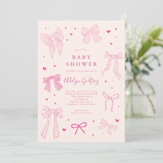 Coquette Bow Roze Baby shower Uitnodiging (Staand voorkant)