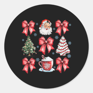 Coquette Bow Santa Christmas Tree Cake Candy Cane Ronde Sticker