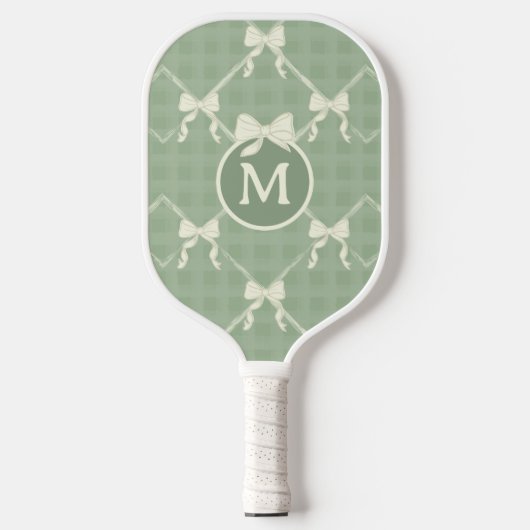 Coquette Bows Gingham Monogram Cream Sage Green Pickleball Paddle (Voorkant)