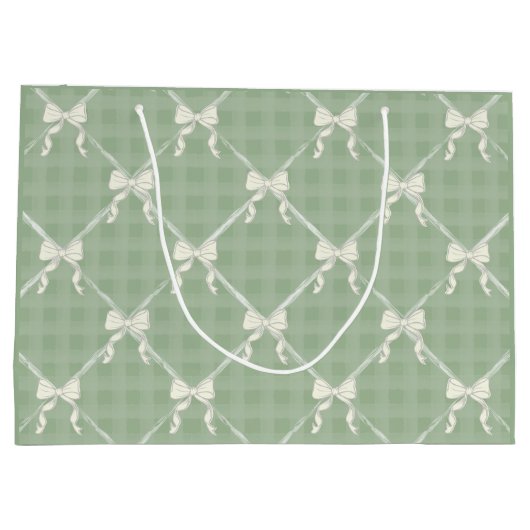 Coquette Bows Gingham Pattern Cream Sage Green Groot Cadeauzakje (Achterkant)