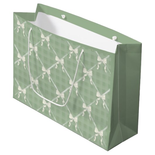 Coquette Bows Gingham Pattern Cream Sage Green Groot Cadeauzakje (Voorkant Gekanteld)