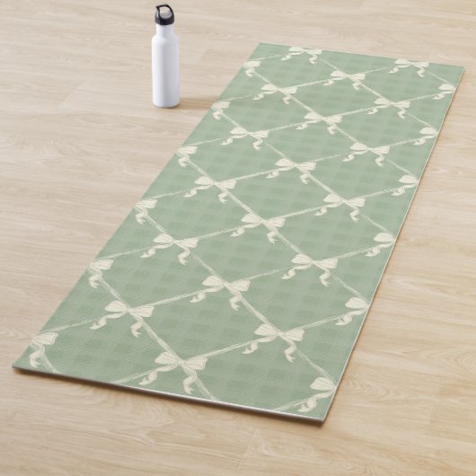 Coquette Bows Gingham Pattern Cream Sage Green Yogamat (In situ)