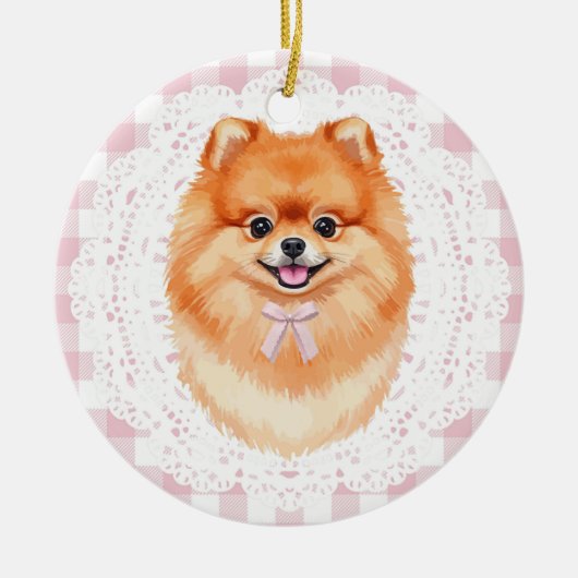 Coquette Brown Pomeranian Dog Pink Gingham Bows Keramisch Ornament (Voorkant)