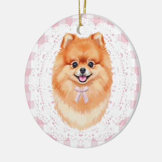 Coquette Brown Pomeranian Dog Pink Gingham Bows Keramisch Ornament (Links)