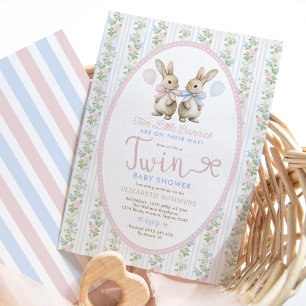 Coquette Bunny Balloon Boy Girl Twin Baby shower Kaart