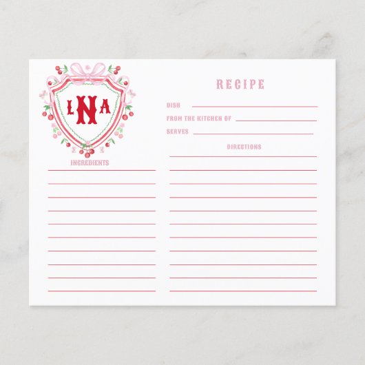 Coquette Cherry Crest Monogram Recept Kaart (Voorkant)