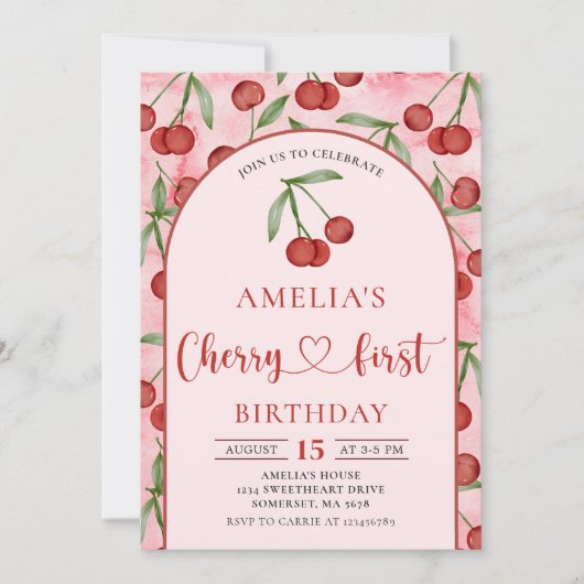 Coquette Cherry Eerste Verjaardag Red Cherry Verja Kaart (Voorkant)