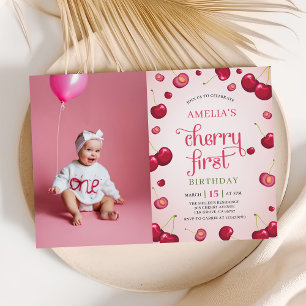Coquette Cherry First Birthday Photo Invitation