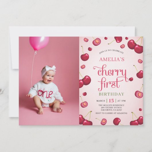 Coquette Cherry First Birthday Photo Invitation (Devant)