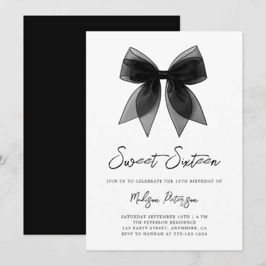 Coquette Chic Minimal Black Bow Sweet 16 Birthday Kaart (Voorkant / Achterkant)