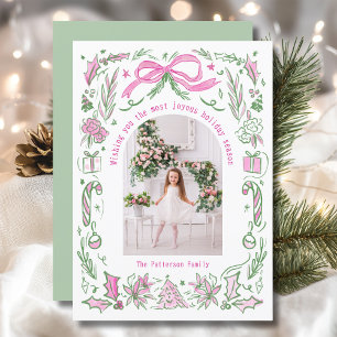 Coquette Christmas Familie Foto Roze Groene Doodle Feestdagenkaart