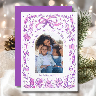 Coquette Christmas Family Foto Paarse Roze Doodle Feestdagenkaart