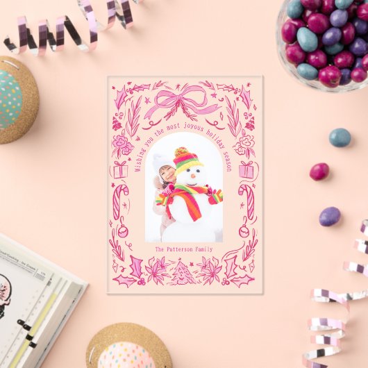 Coquette Christmas Family Foto Rood Roze Doodle Acryl Uitnodigingen (Insitu (Viering))