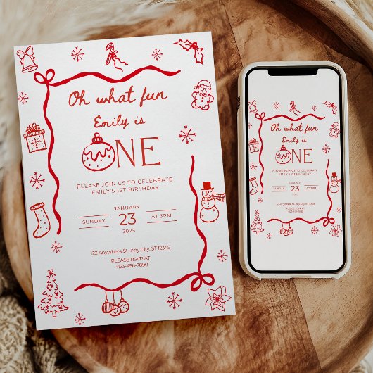 Coquette Christmas First Birthday Invitation Kaart