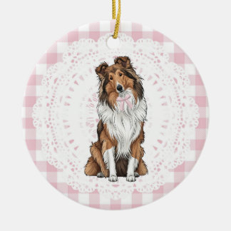 Coquette Collie Dog Pink Gingham Bows Keramisch Ornament
