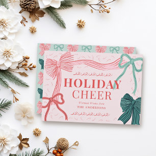 Coquette-Core Rode & Groene Bogen Roze Kerstmis Feestdagenkaart