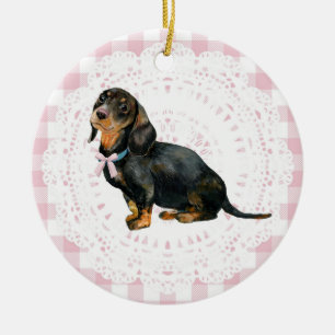 Coquette Dachshund Hond Roze Gingham Strikjes Keramisch Ornament