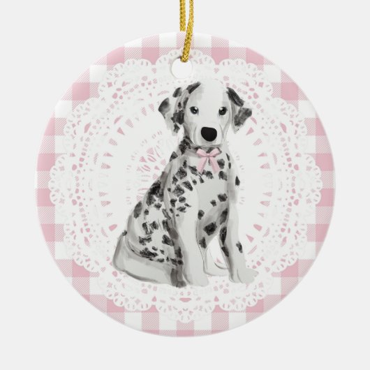 Coquette Dalmation Dog Pink Gingham Bows Keramisch Ornament (Voorkant)