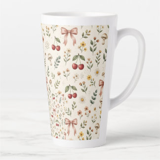Coquette esthetiek rode kersen en roze lintpatroon latte mok