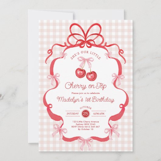 Coquette Gingham Cherry First 1st Birthday Party Kaart (Voorkant)