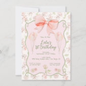 Coquette Girly Pink Bow Toile Verjaardagsfeestje Kaart (Voorkant)