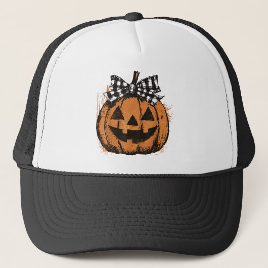 Coquette Halloween trui, Retro pompoen patch Trucker Pet (Voorkant)
