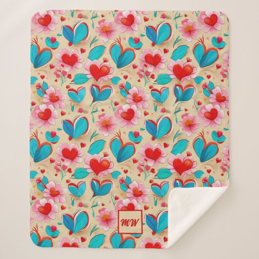 Coquette harten, en bloem crème monogram sherpa deken (Voorkant)