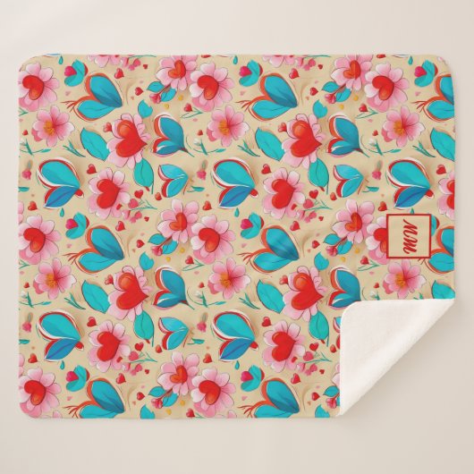 Coquette harten, en bloem crème monogram sherpa deken (Voorkant (horizontaal))