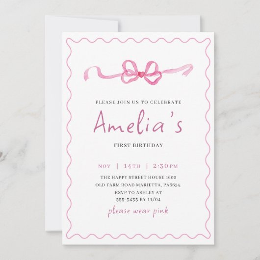 Coquette Invitation for Birthday Girl Bow Party (Devant)