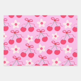 Coquette Kersen met Rode Bogen en Witte Bloemen Inpakpapier Vel