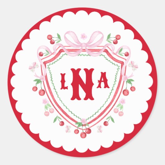 Coquette Kersen Monogram Wapen Bruidsdouche Ronde Sticker (Voorkant)